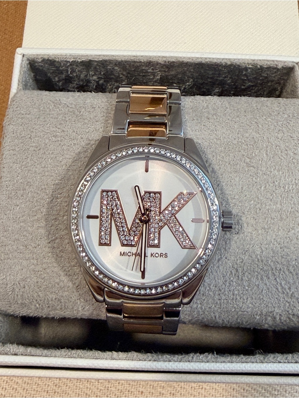 Michael Kors Two-Tone Silver and Rose Gold Crystal MK Dial Watch